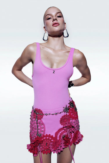 Zeynep Tosun 3-D Flower Stud Skirt Pink