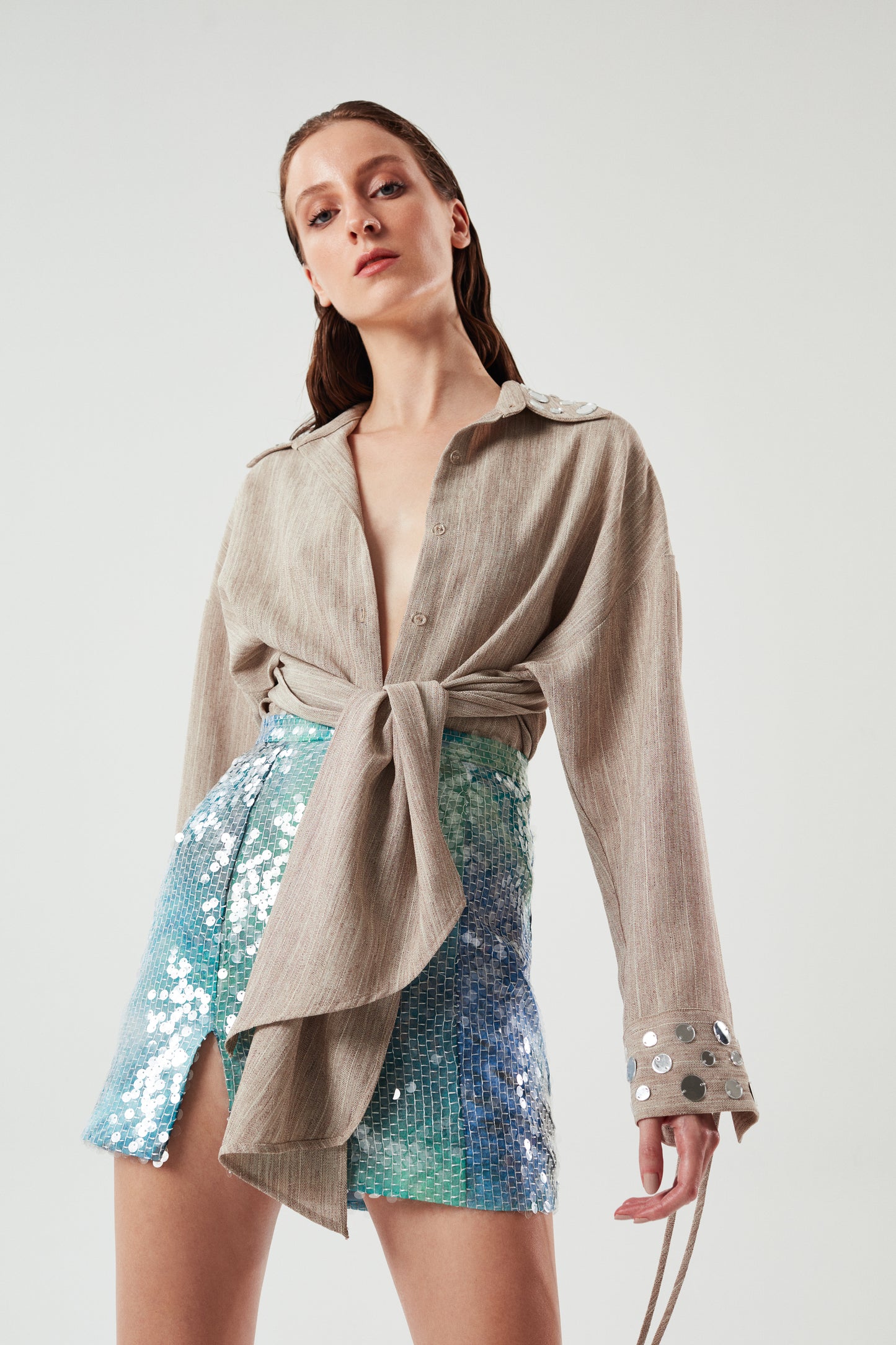 ILA MOSES Open Back Linen Shirt with Handmade Mirror Details