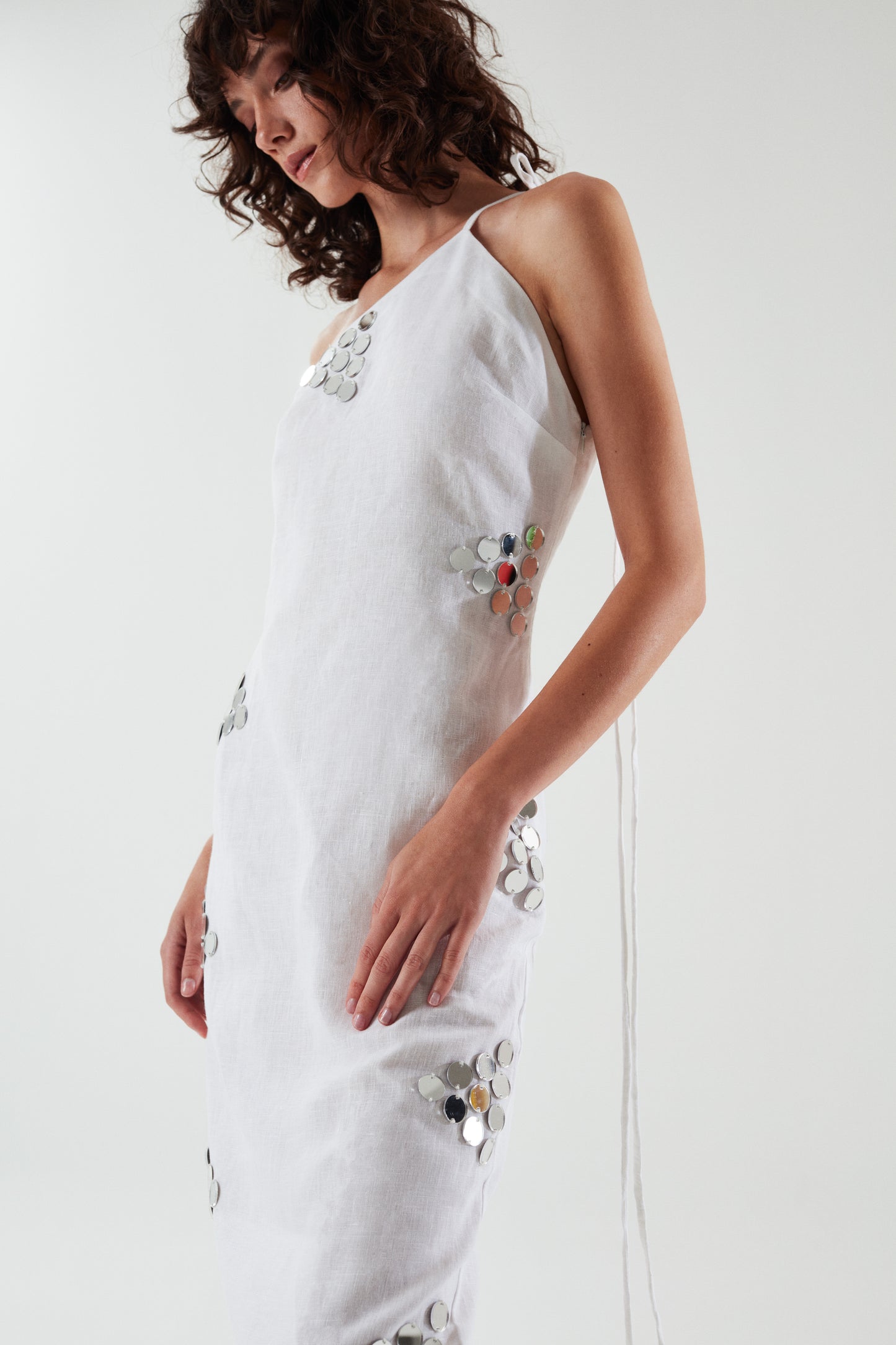 ILA ODINE Linen Dress with Handmade Mirror Details