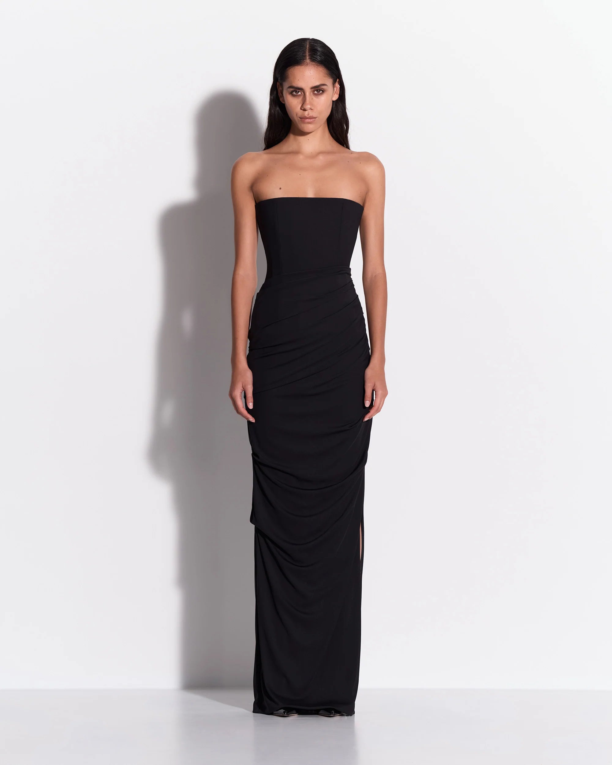 Strapless Tucked Column in Stretch Mesh