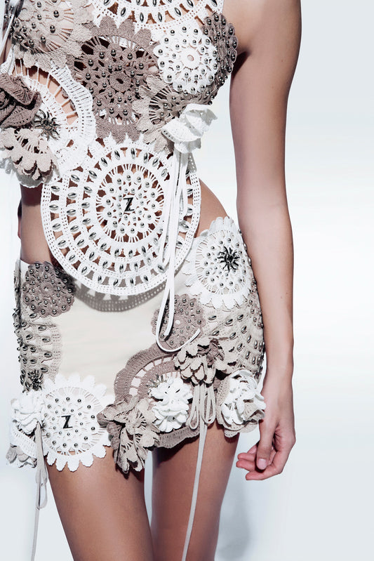 Zeynep Tosun 3-D Flower Stud Skirt Beige