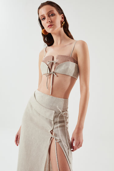ILA ARNA  Double Layered Linen Crop Top with Sequin