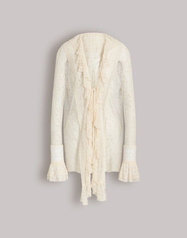 Alberta Ferretti Dotted tulle shirt with lace ruffles Ivory