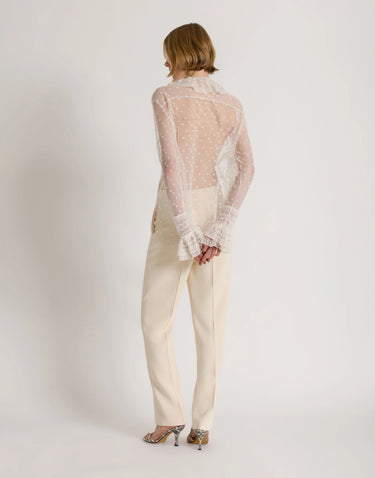 Alberta Ferretti Dotted tulle shirt with lace ruffles Ivory