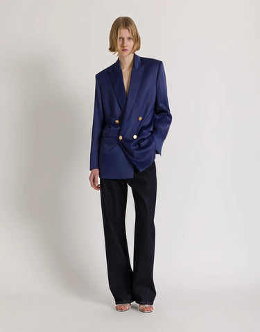 Alberta Ferretti Double-Breasted Satin Blazer blue