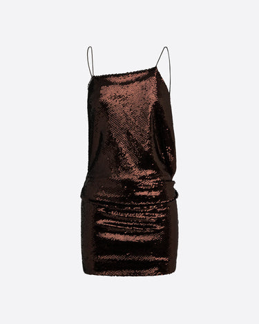 Alex Perry Draped Mini Dress in Sequin Mesh Chocolate