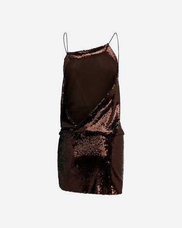Alex Perry Draped Mini Dress in Sequin Mesh Chocolate