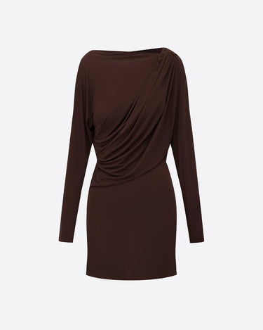 Alex Perry Long Sleeve Open Back Drape Mini Dress in Dry Jersey Carob