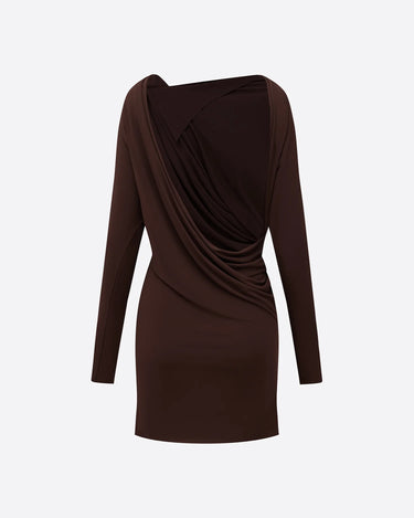 Alex Perry Long Sleeve Open Back Drape Mini Dress in Dry Jersey Carob