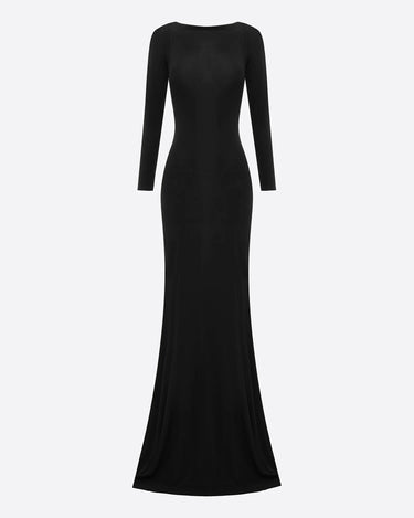 Alex Perry Long Sleeve Open Back Gown in Dry Jersey Black