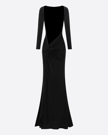 Alex Perry Long Sleeve Open Back Gown in Dry Jersey Black