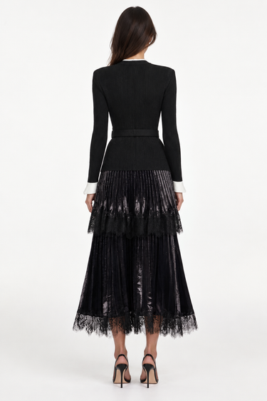 Self-Portrait Black Knit Metallic Chiffon Midi Dress Black