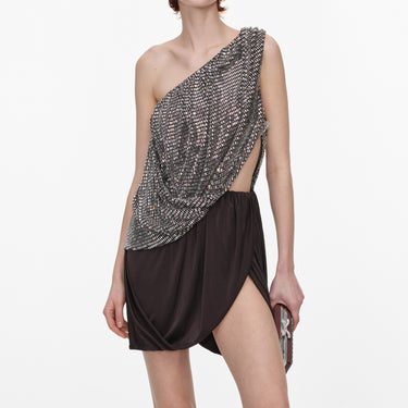 Self-Portrait RHINESTONE ONE SHOULDER DRAPE MINI DRESS
