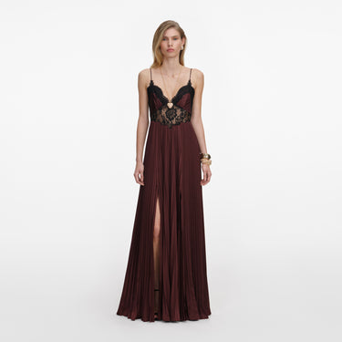 Self-Portrait Brown Satin Lace Insert Maxi Dress