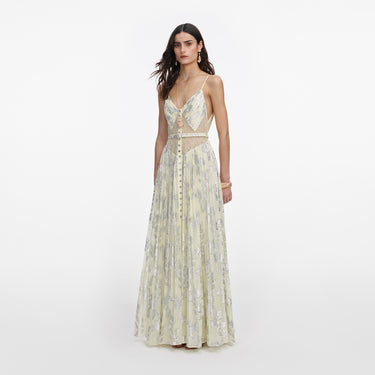 Self-Portrait Yellow Metallic Chiffon Maxi Dress