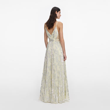 Self-Portrait Yellow Metallic Chiffon Maxi Dress