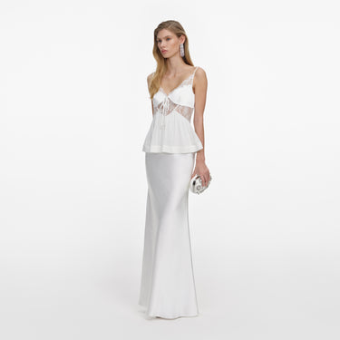 Self-Portrait White Georgette Satin Maxi Dress