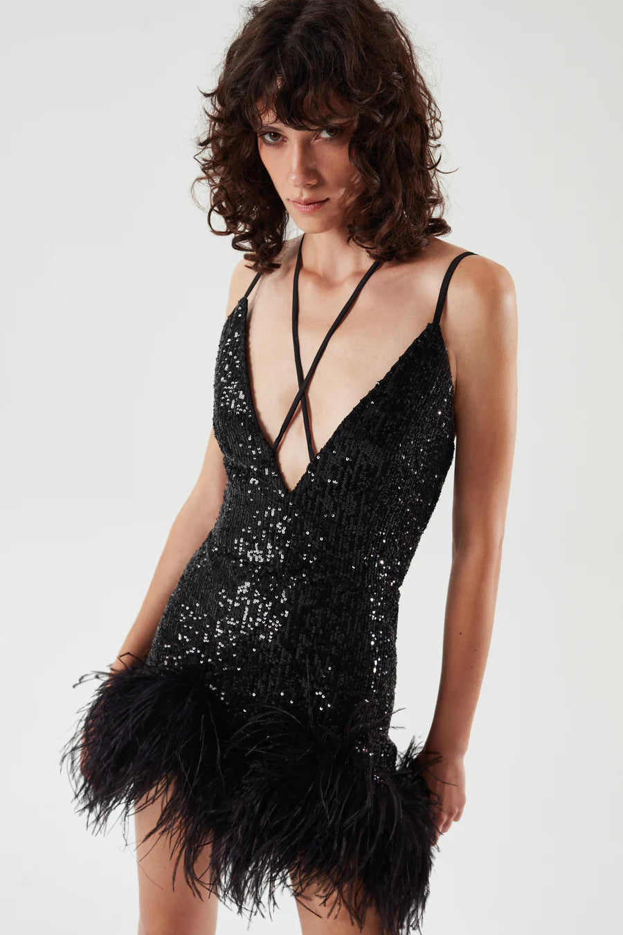 ILA TULIP V Neck Mini Sequin Dress with Feather Trim