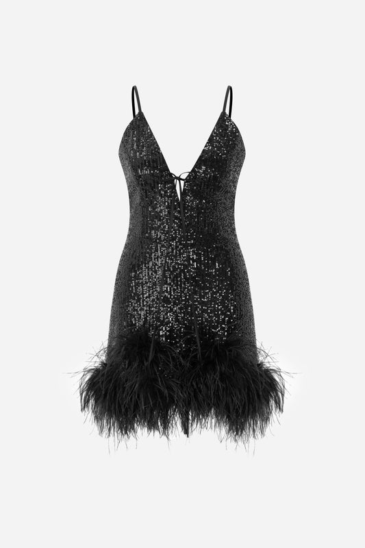 ILA TULIP V Neck Mini Sequin Dress with Feather Trim