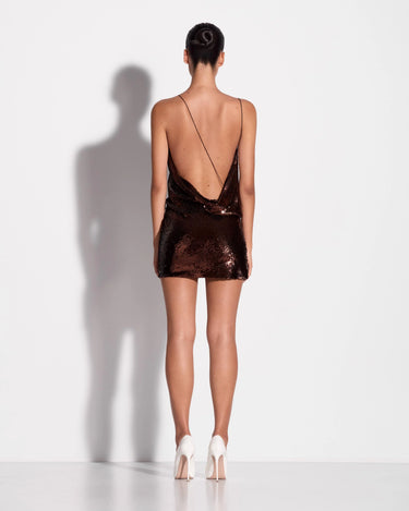 Alex Perry Draped Mini Dress in Sequin Mesh Chocolate