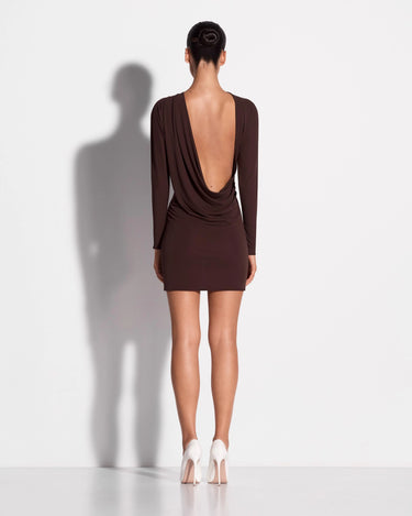 Alex Perry Long Sleeve Open Back Drape Mini Dress in Dry Jersey Carob