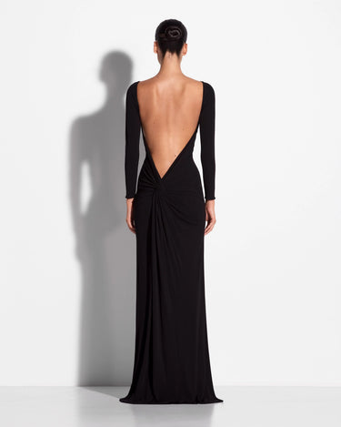 Alex Perry Long Sleeve Open Back Gown in Dry Jersey Black