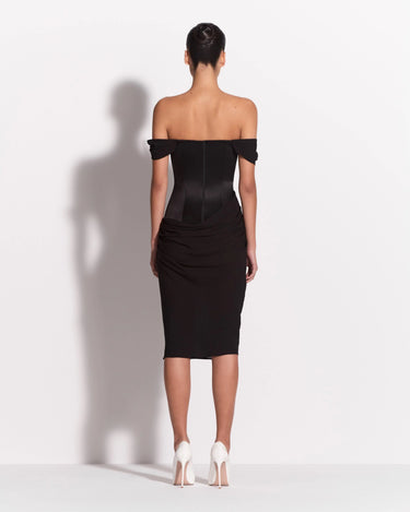 Alex Perry Off Shoulder Longline Corset Dress In Duchess Satin & Silk Georgette Black