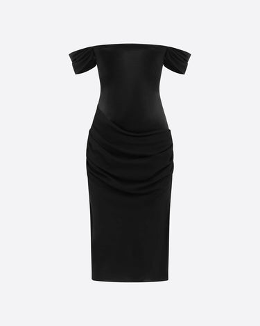 Alex Perry Off Shoulder Longline Corset Dress In Duchess Satin & Silk Georgette Black