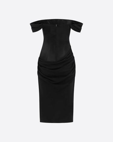 Alex Perry Off Shoulder Longline Corset Dress In Duchess Satin & Silk Georgette Black