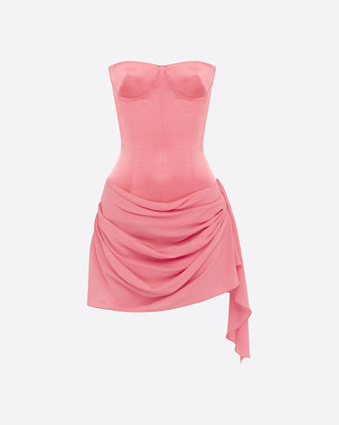 Strapless Cupped Longline Corset Dress In Duchess Satin & Silk Georgette